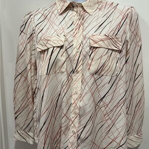 Bar III Women's Button Down Shirt - Cream with Black and Pink Stripes